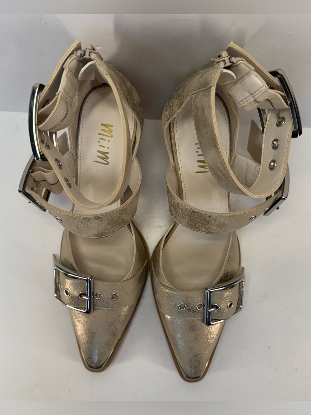 Mi Mi Hendrix Triple Buckle gold Metallic Block Heel Pumps for Women size 8 - Picture 8 of 16